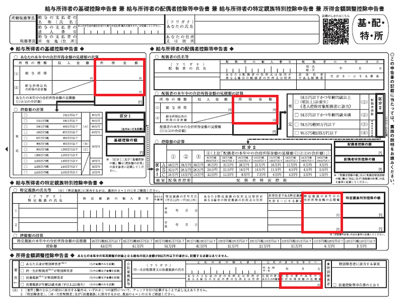 基礎控除申告書・配偶者控除等申告書・特定親族特別控除申告書・所得金額調整控除申告書　所得記載箇所